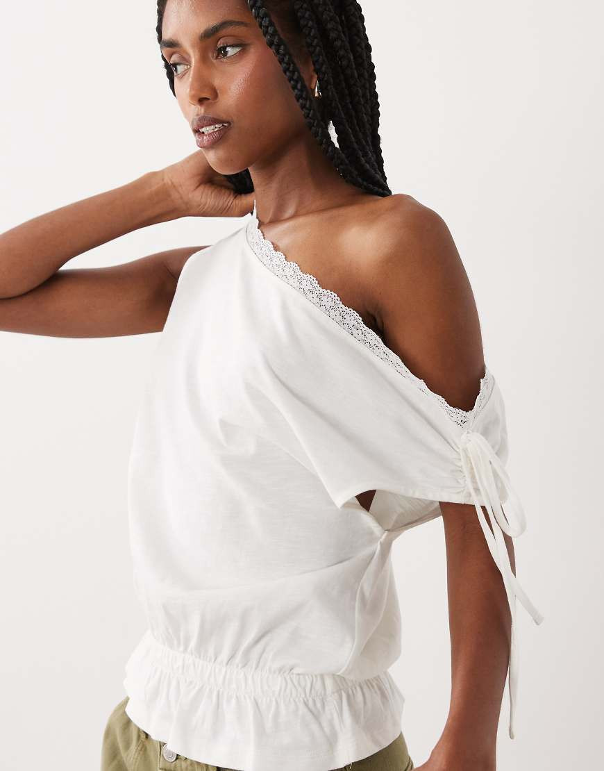 ASOS DESIGN off shoulder top with scallop trim edge and frill hem detail in white | ASOS (Global)