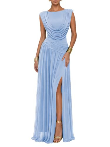 CurvySweet Women's Convertible Cowl Neck Maxi Dress Sleeveless Ruched Mesh Bridesmaid Wedding Guest Cocktail Evening Dresses Light Blue | Amazon (US)