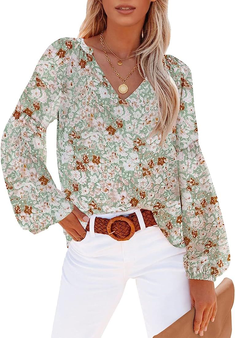 Utyful Womens Long Sleeve Blouse Boho Tops for Women Casual Floral Dressy Blouses V Neck Shirts | Amazon (US)