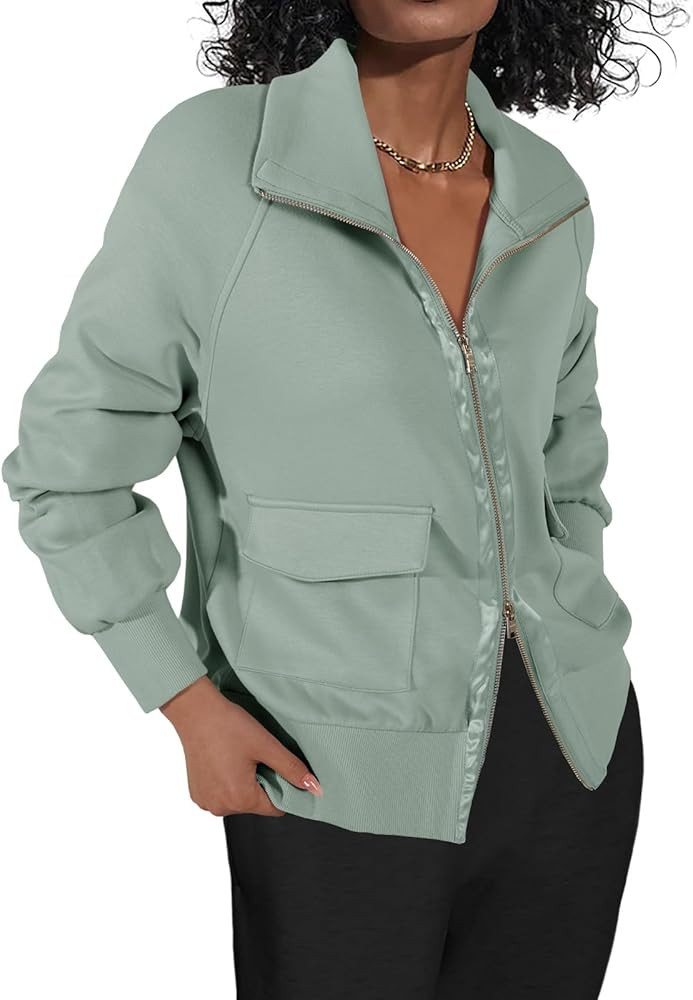 Fisoew Women's Zip up Sweatshirt Collared Neck Long Sleeve Loose Casual Lightweight Jacket with P... | Amazon (US)