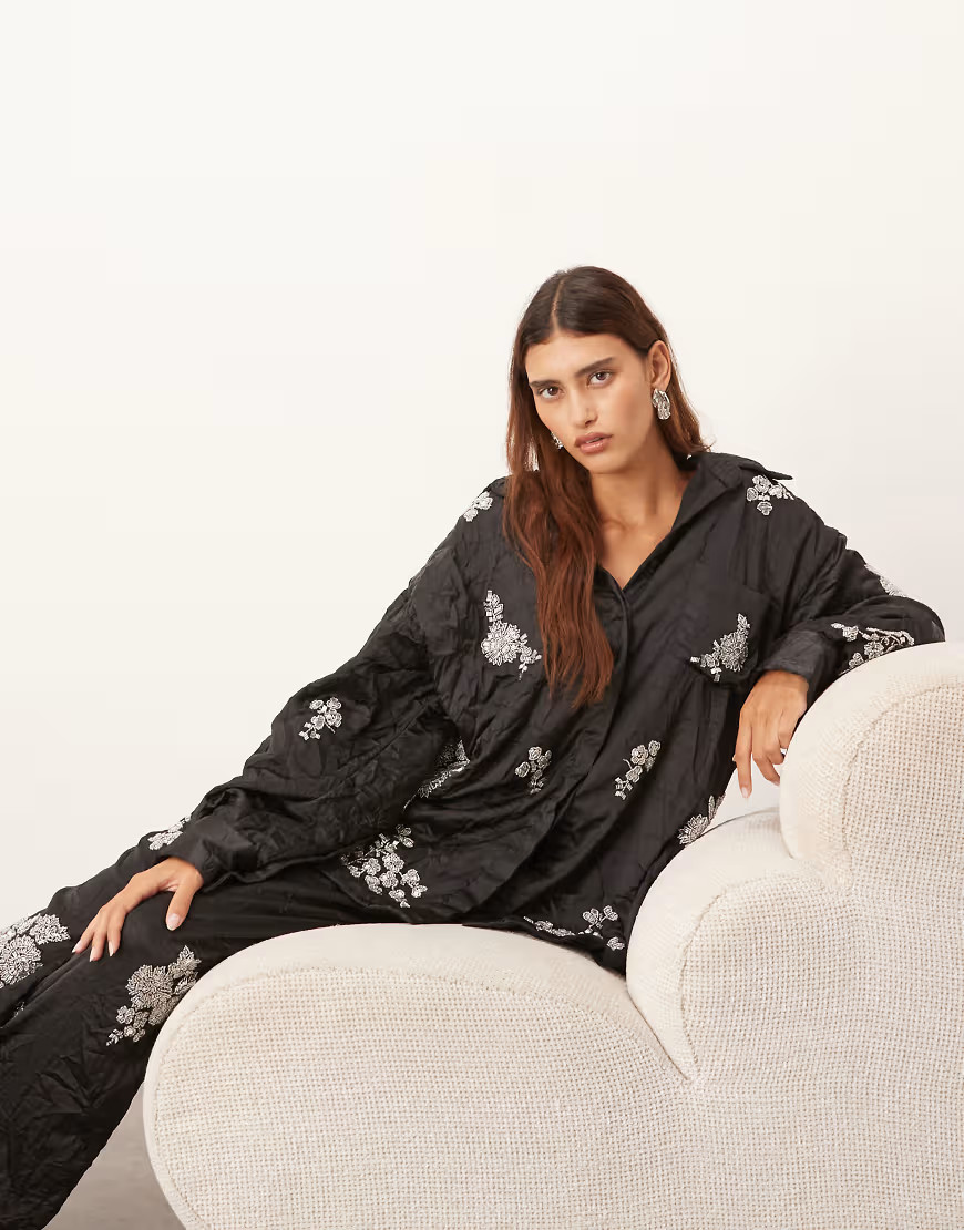 ARRANGE crinkle satin floral embellished shirt in black - part of a set | ASOS (Global)