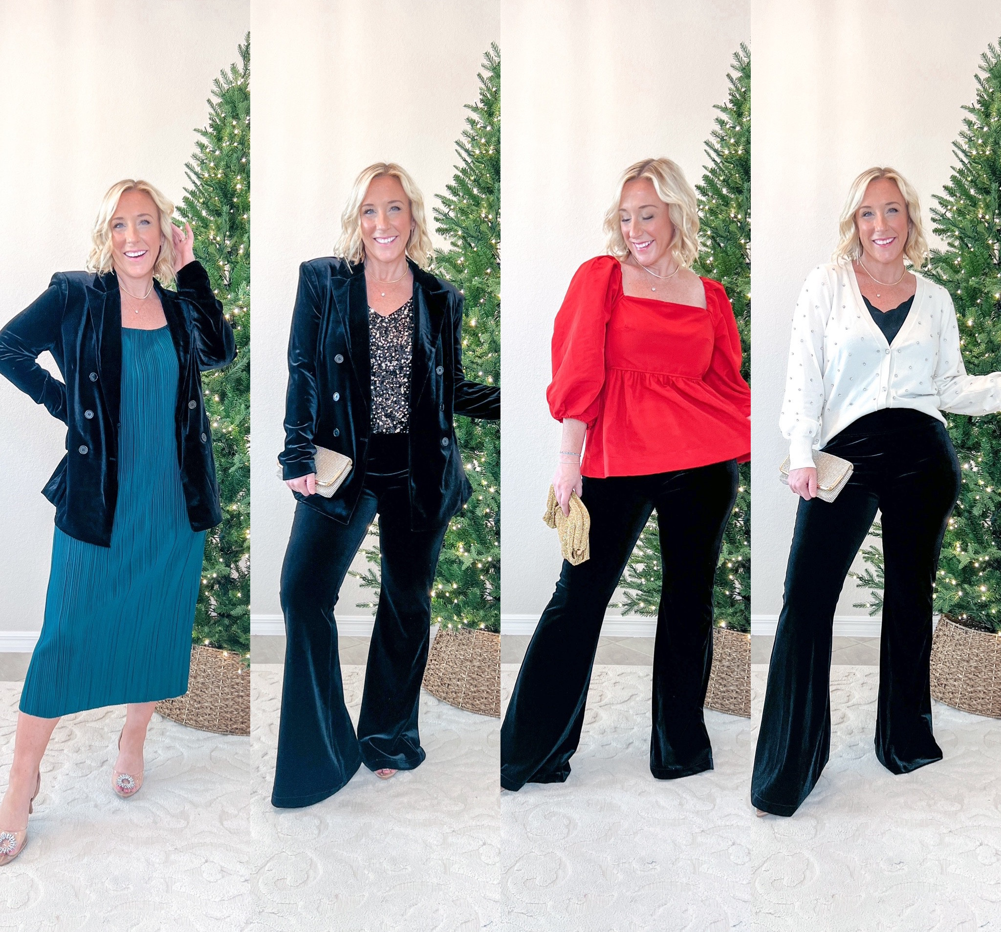 Walmart holiday new arrivals -
1. Velvet blazer - size medium. Relaxed fit with double breasted front.
2. Pleated slip dress - size medium. Comes in another color.
3. Velvet flare pants- size medium. Pull on style with wide waistband. Has nice stretch, but are long (I’m 5’2”).
4. Red square neck peplum - size medium, but needed a small. Nice, thicker, dressy material. 
5. Party cardigan - size medium. Soft with embellished rhinestones & rhinestone buttons.
Clear rhinestone heels  - tts (from Target).
Sequin cami - size medium (from Amazon).

#LTKHoliday #LTKfindsunder50