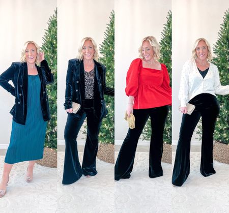 Walmart holiday new arrivals -
1. Velvet blazer - size medium. Relaxed fit with double breasted front.
2. Pleated slip dress - size medium. Comes in another color.
3. Velvet flare pants- size medium. Pull on style with wide waistband. Has nice stretch, but are long (I’m 5’2”).
4. Red square neck peplum - size medium, but needed a small. Nice, thicker, dressy material. 
5. Party cardigan - size medium. Soft with embellished rhinestones & rhinestone buttons.
Clear rhinestone heels  - tts (from Target).
Sequin cami - size medium (from Amazon).

#LTKHoliday #LTKfindsunder50