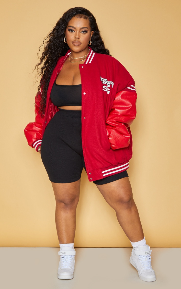Plus Red Quilted Faux Leather Sleeve Oversized Varsity Bomber Jacket | PrettyLittleThing US
