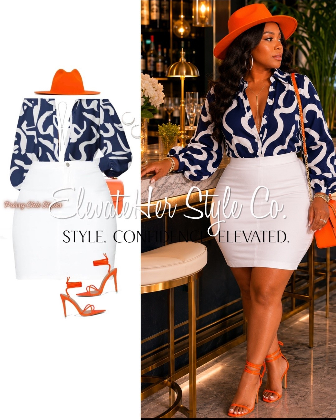 Styled for all sizes 🧡 
That orange against navy and white is the whole moment. The print shirt brings the pattern, the white denim skirt keeps it clean and lets that abstract print do the talking, and then the orange hat, bag, and lace-up heels pull through in the same bold shade so the color feels styled, not random. Tuck the shirt to define your waist and show off that fitted skirt. Layered silver necklaces and hoops keep it cool and pull the eye up to your face. Bold print, clean base, one pop repeated three ways.