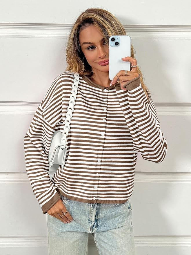 Saodimallsu Womens Striped Cardigan Casual Long Sleeve Open Front Button Down Loose Knit Lightwei... | Amazon (US)