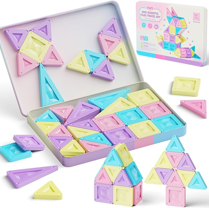 burgkidz Mini Magnetic Tiles Girls Travel Toy- 40 PCS Macaron Magnet Blocks with Pink Tin Box - 1... | Amazon (US)