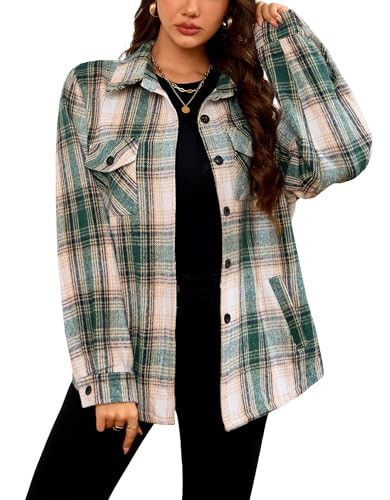 Shawnda Fashion Women's Flannel Plaid Jacket with Big Pockets Button Down Casual Coat for Autumn Hikes & Daily Wear Green XX-Large | Amazon (US)