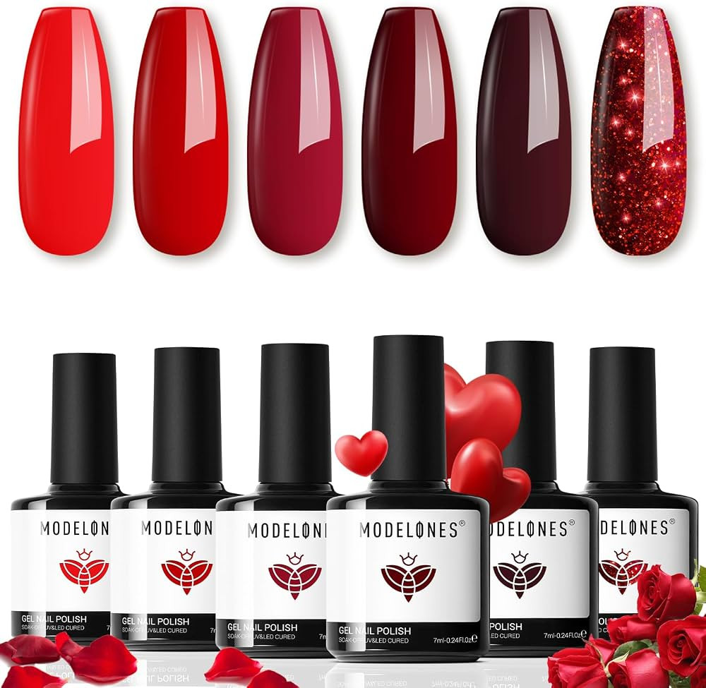 modelones Gel Nail Polish Kit -6 Colors Red Gel Polish Set Burgundy Glitter Sparkle Bloody Soak O... | Amazon (US)
