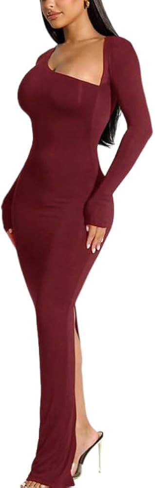 Yanfoam Women's Sexy Bodycon Long Sleeve Skew Collar Ribbed Party Club Basic Maxi Dress | Amazon (US)