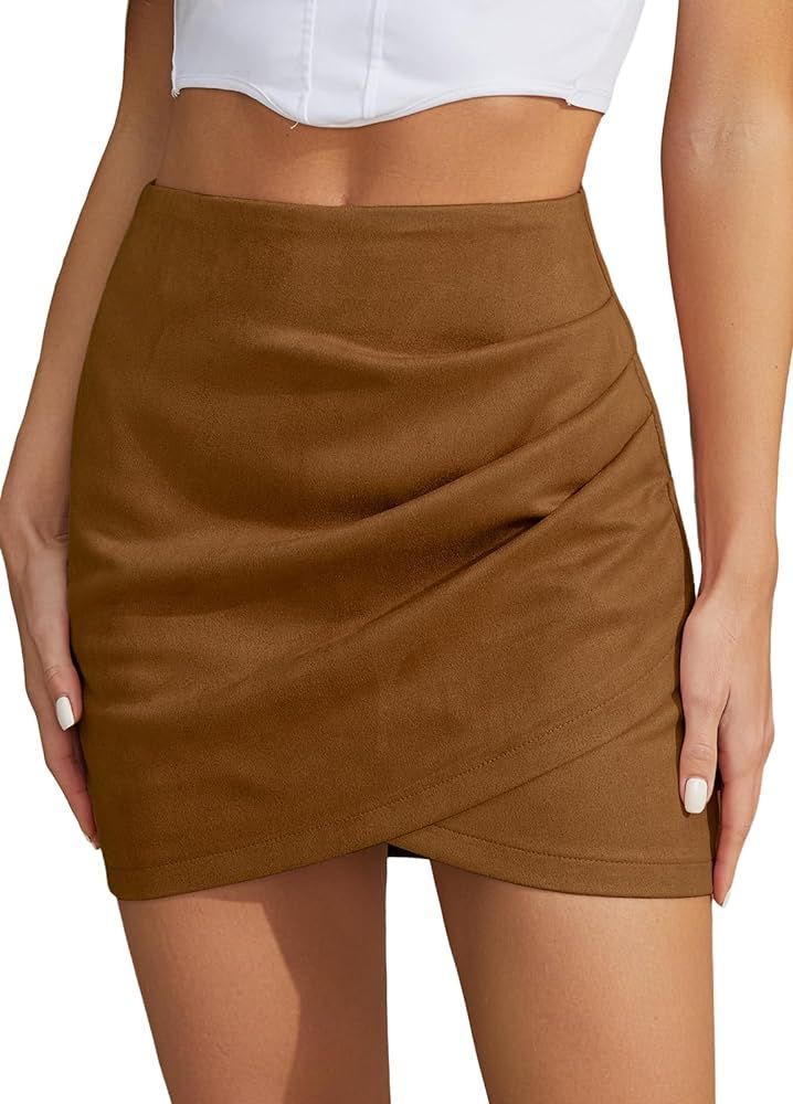 Women's Mini Suede Wrap Skirts Ruched High Waist Bodycon Zipper Back Skirts | Amazon (US)