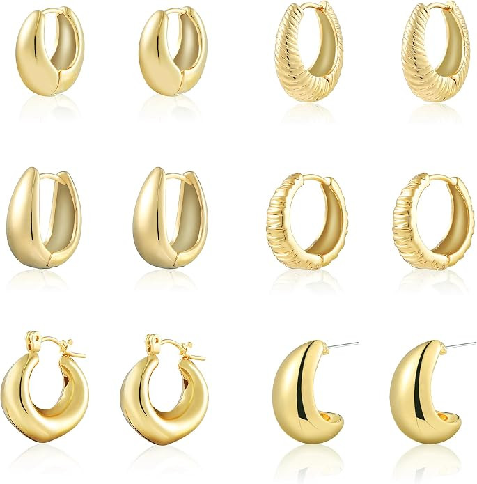 Wgoud 6 Pairs Gold Hoop Earrings Set for Women, 14K Gold Plated Hypoallergenic Lightweight Chunky... | Amazon (US)