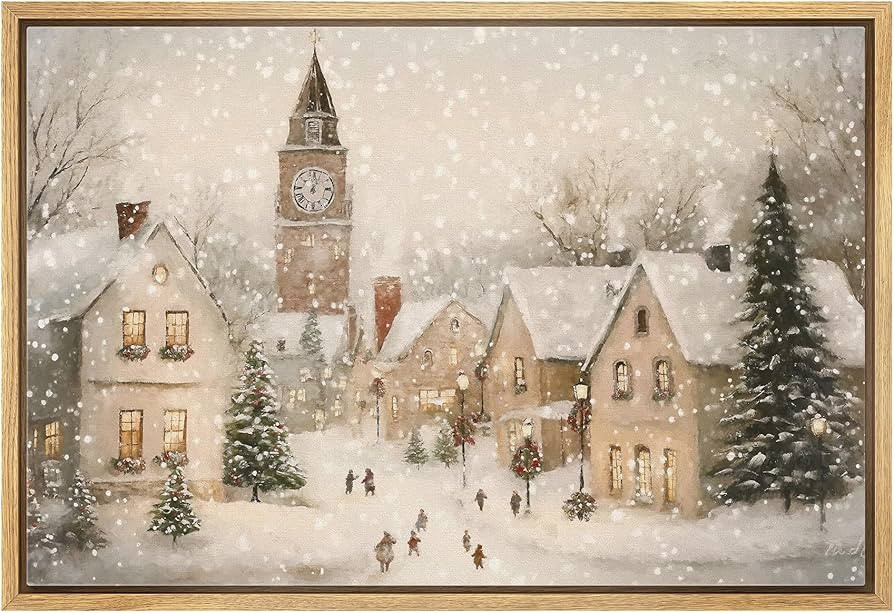 wall26 Framed Canvas Print Wall Art Charming Snowy Town Square Christmas Village with Clock Tower... | Amazon (US)