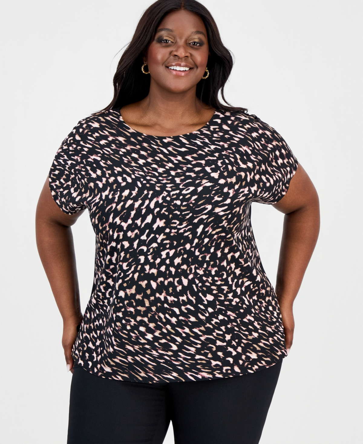 Anne Klein Plus Size Short-Sleeve Crewneck Top - Anne Black Multi | Macy's