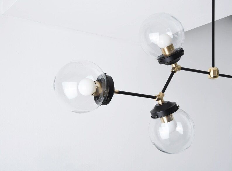 Modern Globe Chandelier - Black & Brass - Linear Chandelier Lighting - Large Hanging Light - Mid ... | Etsy (US)