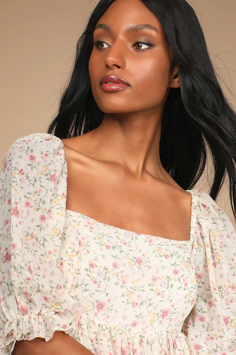 Sweet Daydreams White Floral Print Puff Sleeve Mini Dress | Lulus