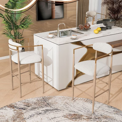 PAGED Modern Design Bar Stools Set of 2 Boucle Upholstered Island Chairs with Iron Legs for Kitchen Island, Dining Room, Beige+Natural | Target