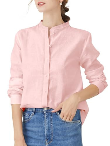 HOTEVE Pink Shirts for Women Linen Blouse Button Down Shirt Tops Women's Long Sleeve up Womens Blouses Dressy Casual Office Pink 047 Size M | Amazon (US)