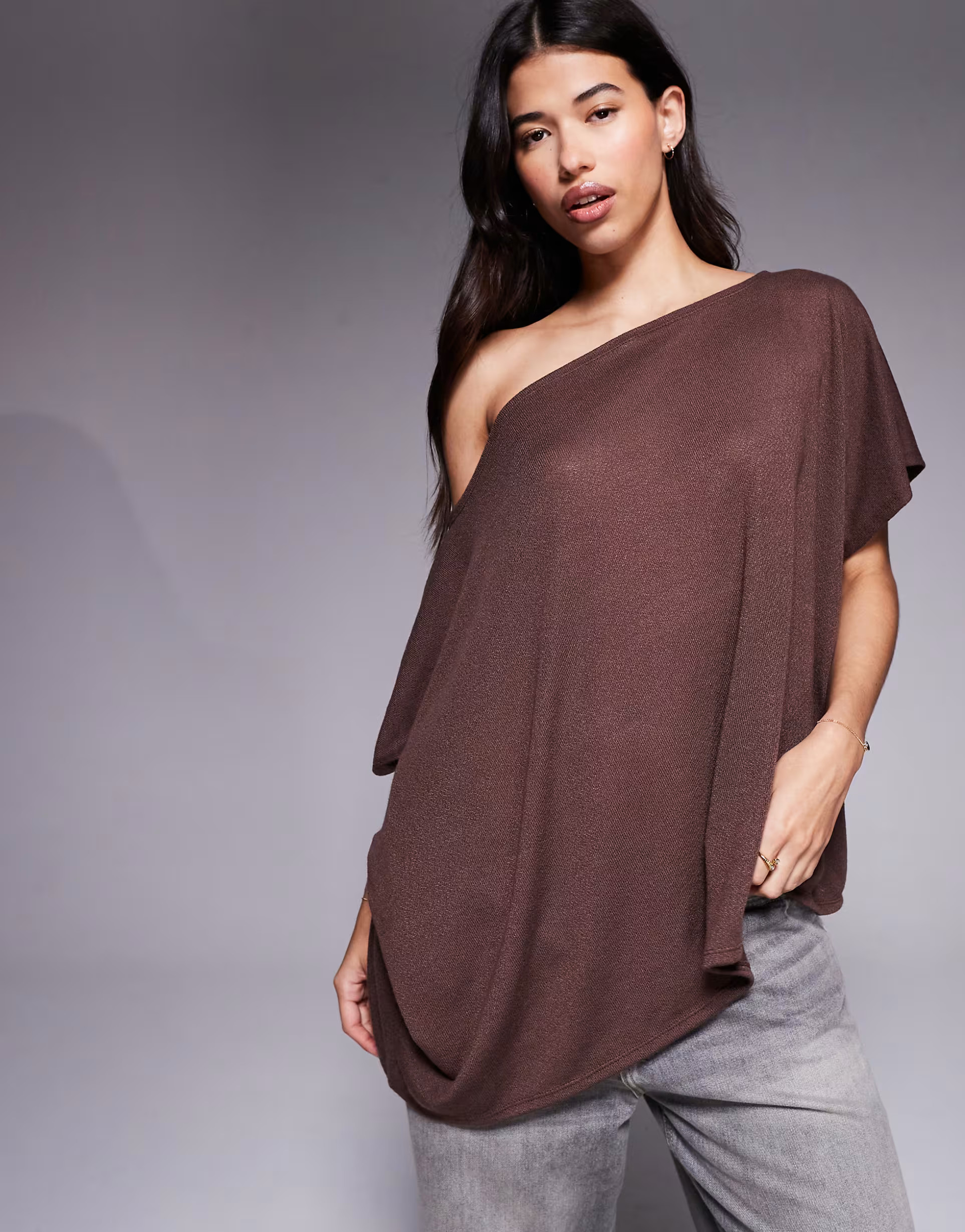 ASOS DESIGN textured semi sheer knit off shoulder cape top in chocolate | ASOS | ASOS (Global)