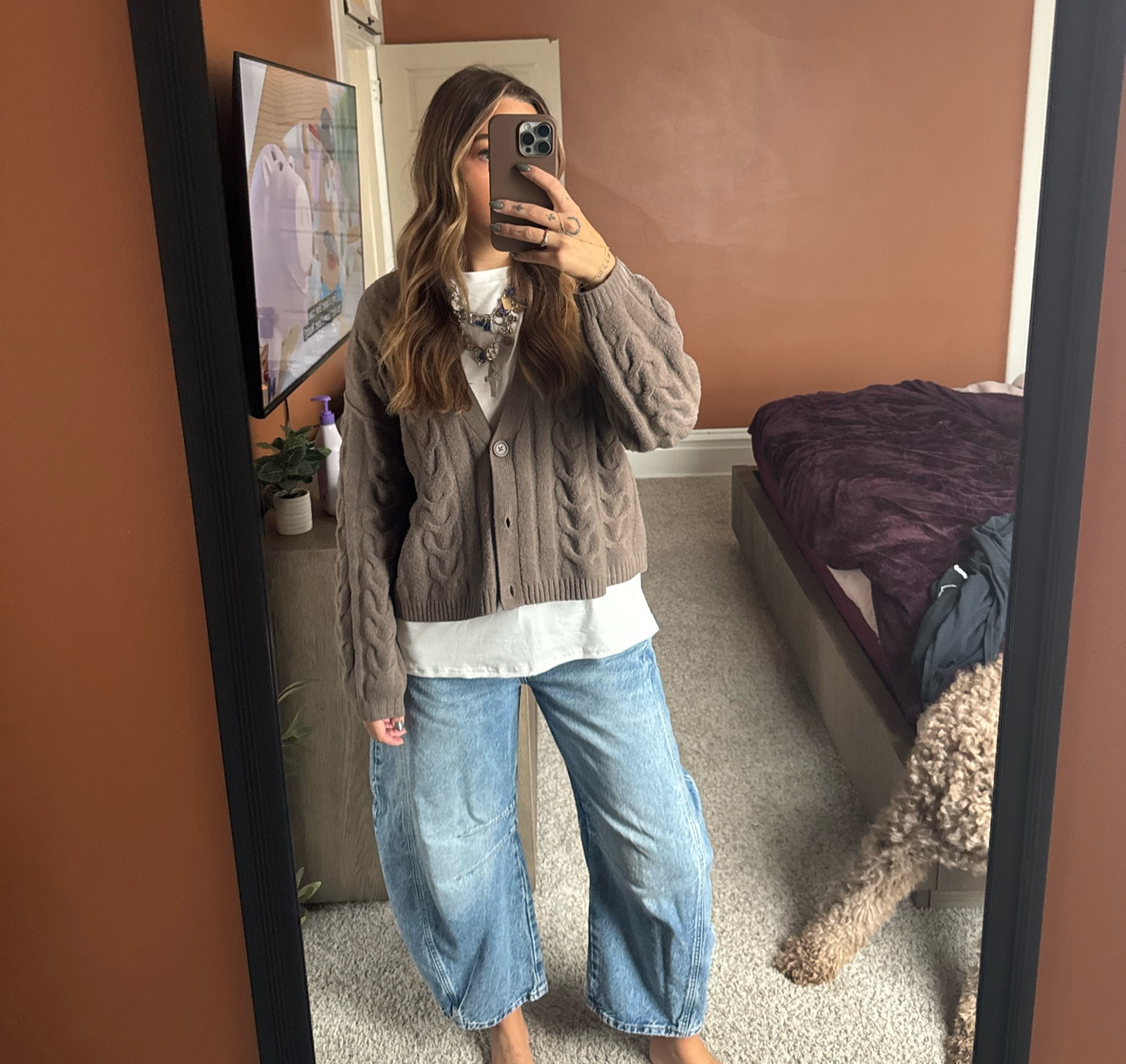 Barrel jeans and cardigan 
Free people charm necklace 

#LTKSaleAlert #LTKHoliday #LTKGiftGuide