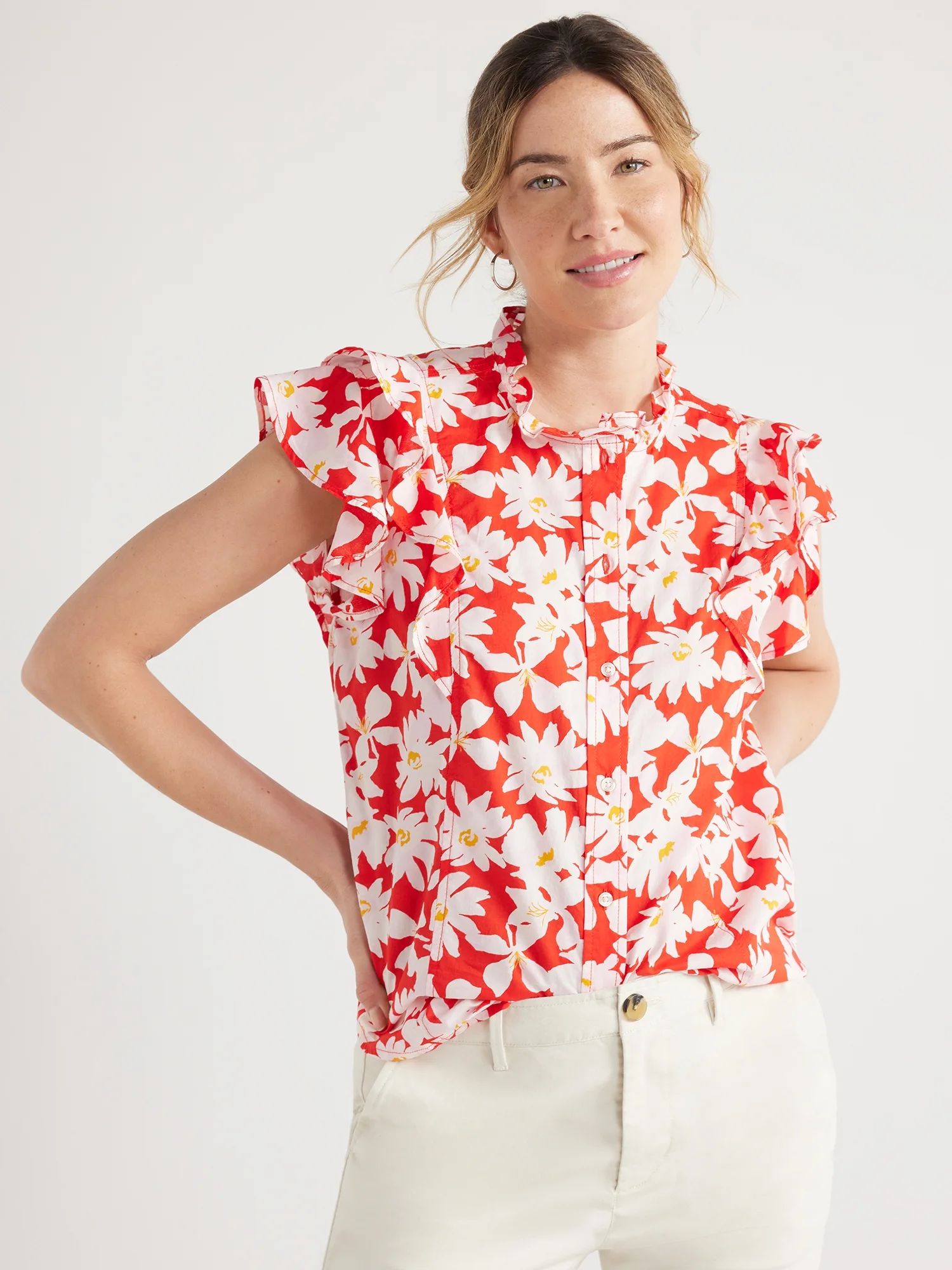 Free Assembly Women’s Cotton Ruffle Shirt with Short Sleeves, Sizes XS-XXL | Walmart (US)