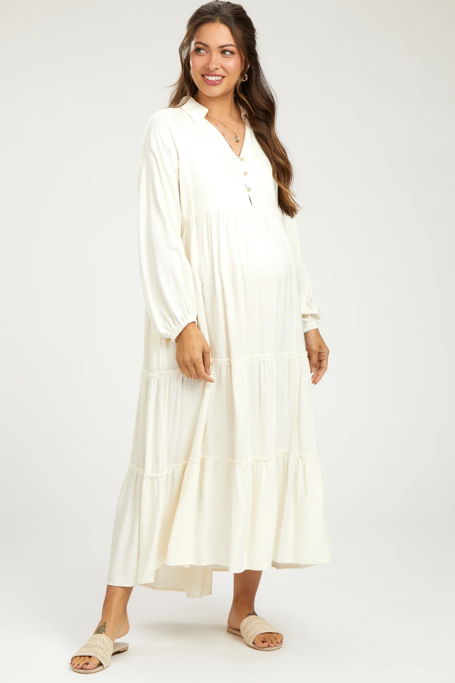 Ivory Button Front V-Neck Ruffle Tiered Maternity Midi Dress | PinkBlush Maternity