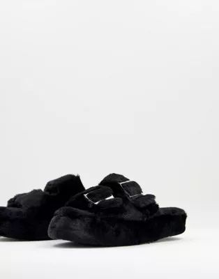 New Look buckle double strap fluffy slider slipper in black | ASOS (Global)