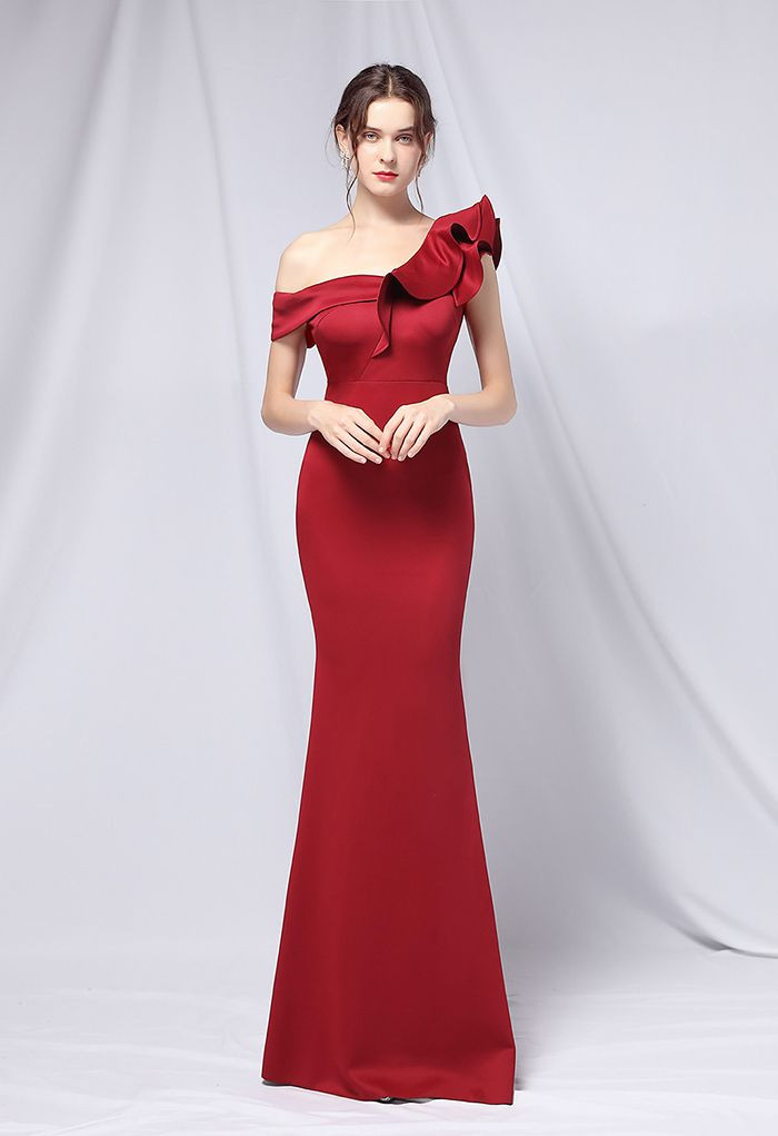 Ruffle One-Shoulder Mermaid Satin Gown in Burgundy | Chicwish