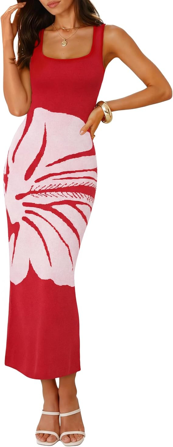 ZESICA Women's 2026 Summer Spring Floral Maxi Dress Beach Vacation Casual Sleeveless Tank Knitted... | Amazon (US)