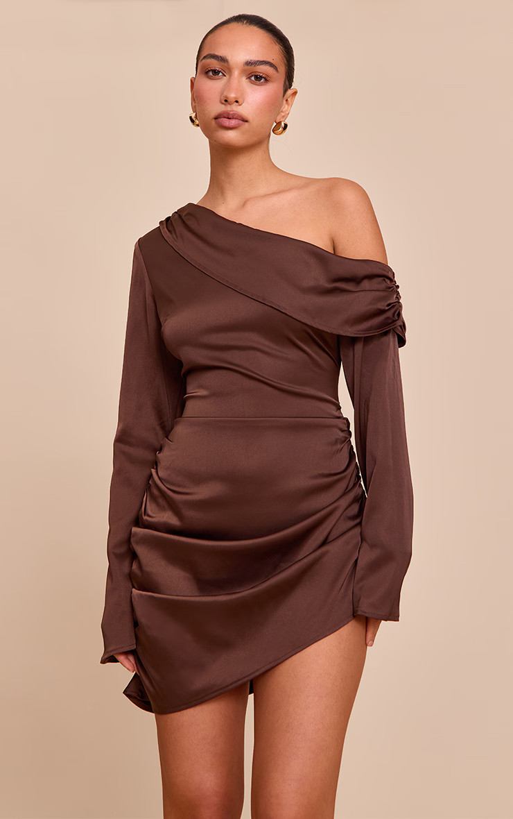 Chocolate Satin One Shoulder Drape Bodycon Dress | PrettyLittleThing UK
