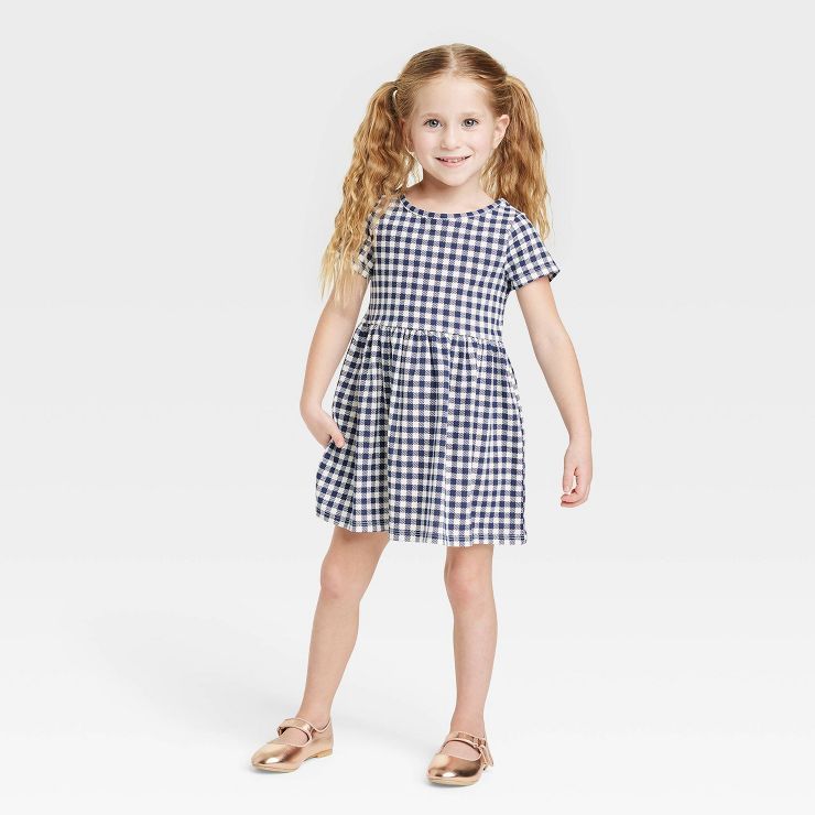 Toddler Girls' Gingham Check Short Sleeve Dress - Cat & Jack™ Navy Blue 12m : Target | Target
