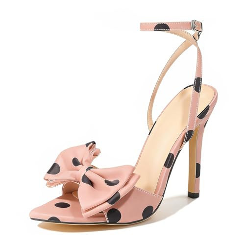 BGSMGISKD Women'S Polka Dot Stiletto Sexy Sandals with Bow Elegant Pointed Toe 3.94 Inch High Heels Ankle Strap Buckle Slingback Heeled Dress Party Sandals For Wedding Prom (Pink,11) | Amazon (US)