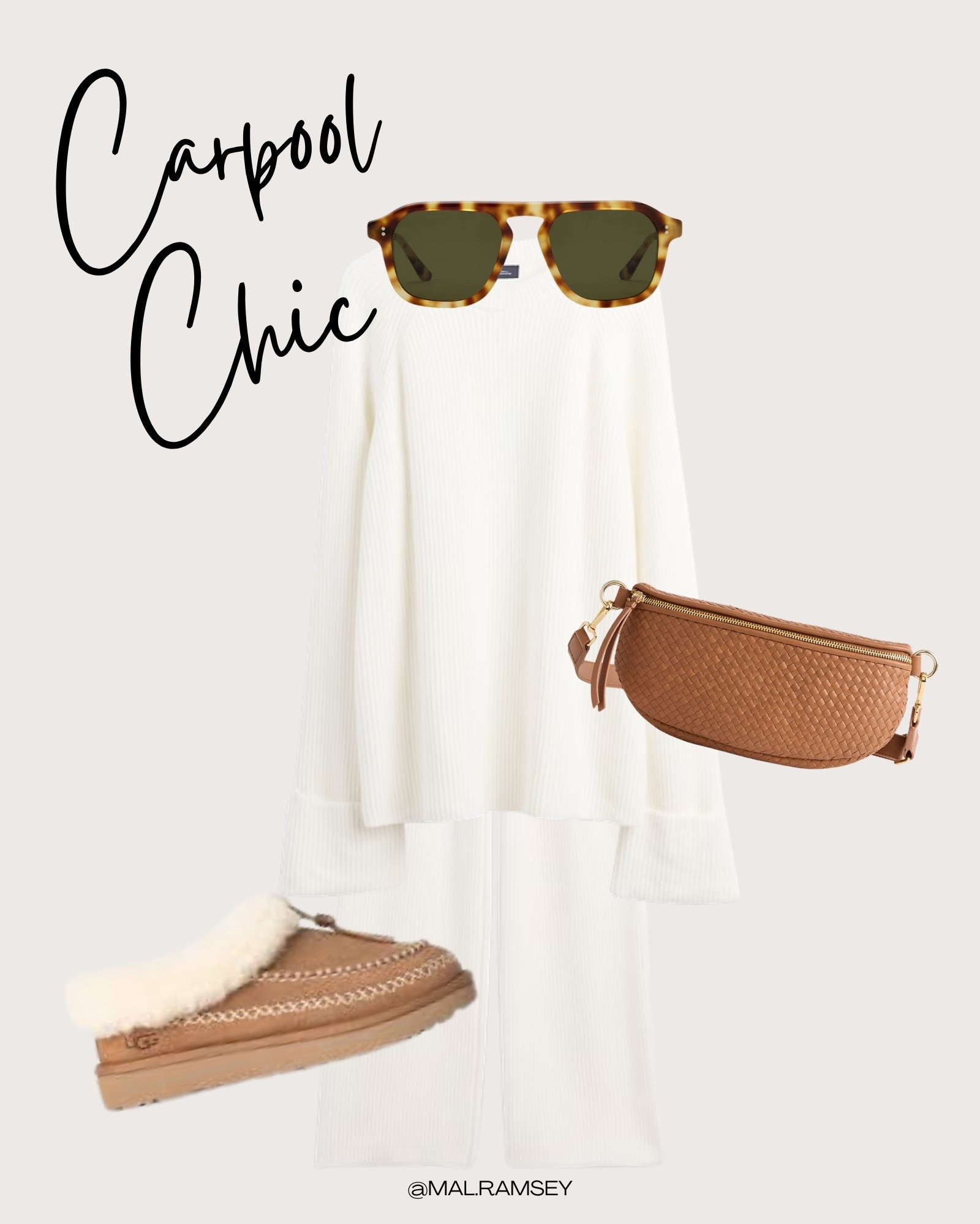 Soft neutral carpool outfit — everything here is linked. 🤍
This cozy matching knit set paired with tortoise sunnies, a woven leather belt bag, and UGG slippers is the perfect elevated mom uniform. Great for errands, school drop-off, travel days, or at-home workdays. If you love minimalist style, clean neutrals, and comfortable winter outfits, this look is your vibe. Shop the exact pieces below.

#LTKmomlife #LTKootd #LTKCyberWeek