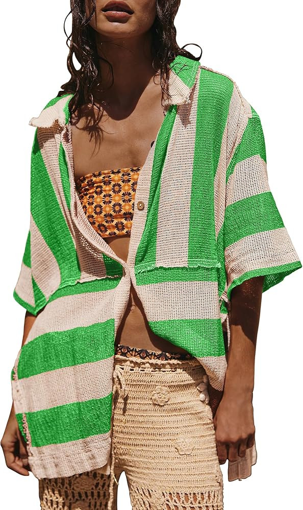 Women's Lightweight Hollow Out Cropped Button Cardigan Knit Blouse Tops Striped Patchwork Cover U... | Amazon (US)