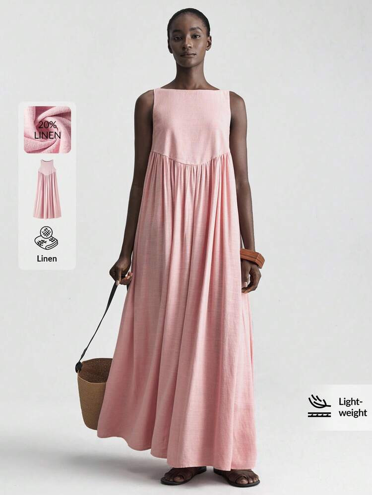 Ontre Women's Dusty Pink Summer Elegant Holiday Vacation Holiday Linen Sleeveless Pleated Round Neck Casual Long Dress,Bohemian Ibiza Island Outfit,Loose | SHEIN