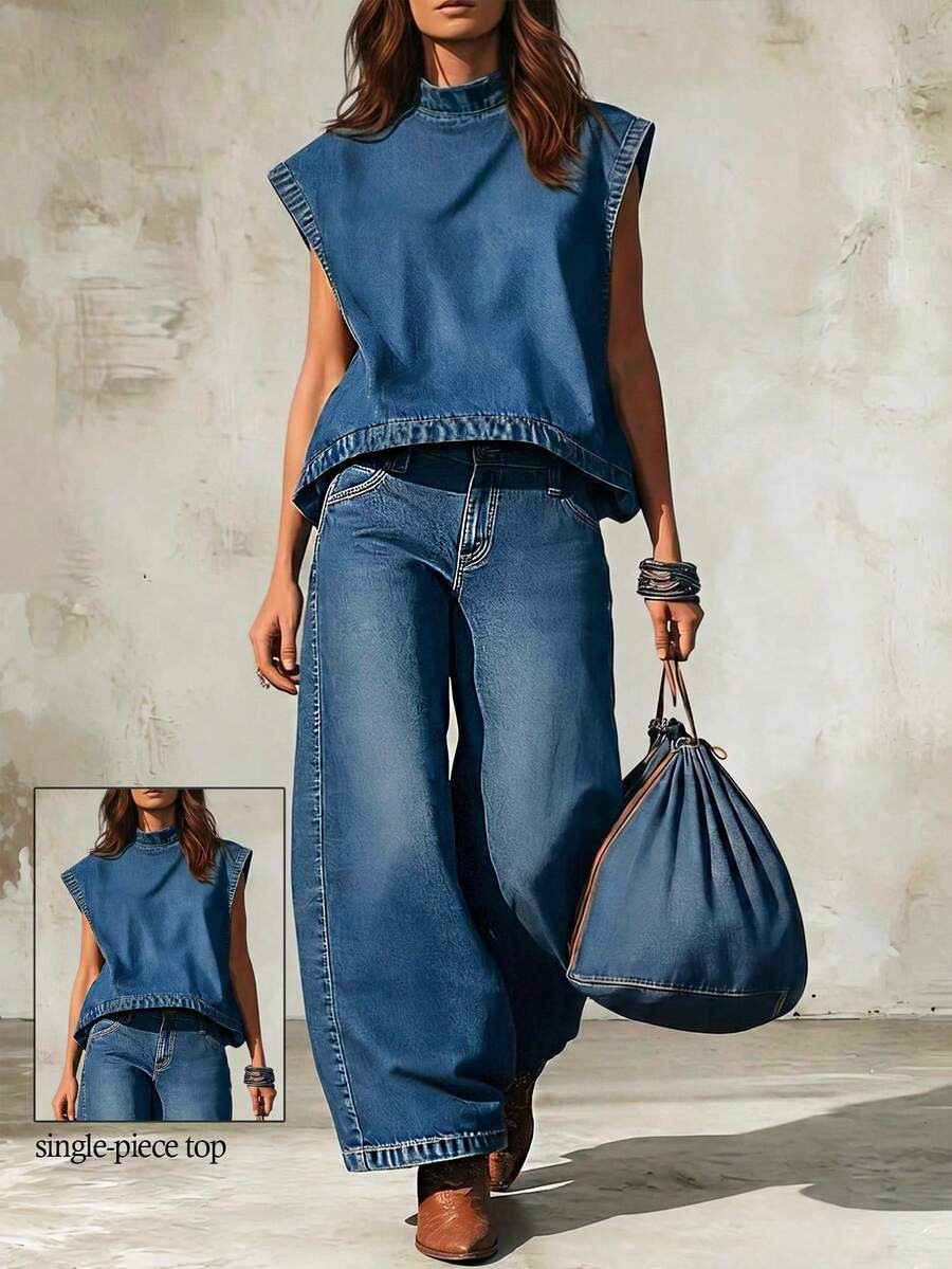 Balvessa Plus Size Summer Fashion Stand Collar Wide Denim Top | SHEIN