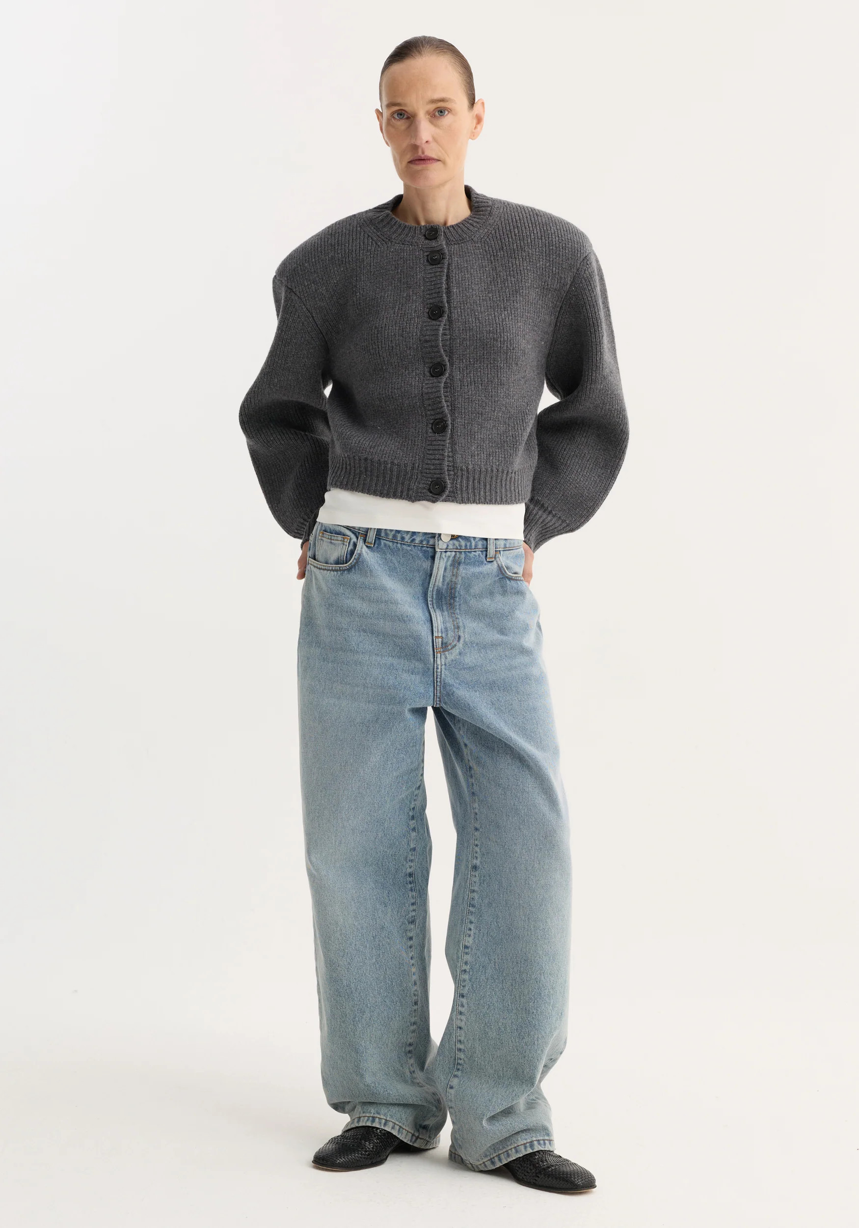 Statement shoulder cardigan | mid grey melange | Rohe