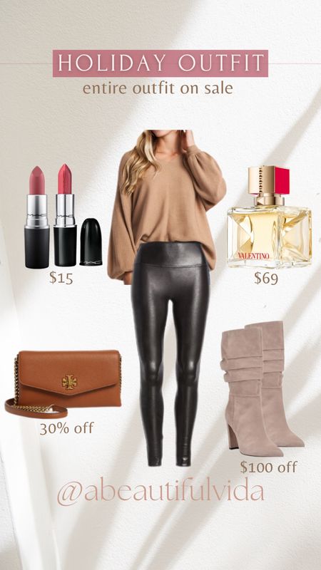 holiday outfit idea // entire outfit on sale// Black Friday // Christmas // Tory Burch // Mac cosmetics // Valentino // spanx faux leather leggings // boots // perfume // parfum // 

#LTKHoliday #LTKsalealert #LTKstyletip