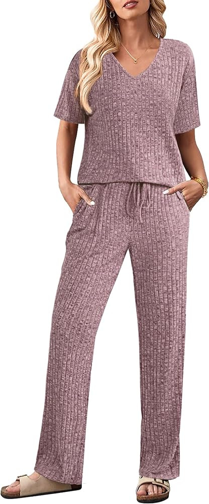Ekouaer Lounge Sets for Women Short Sleeve Top and Long Pants Ribbed Knit Pajama Set 2 Piece PJ S... | Amazon (US)
