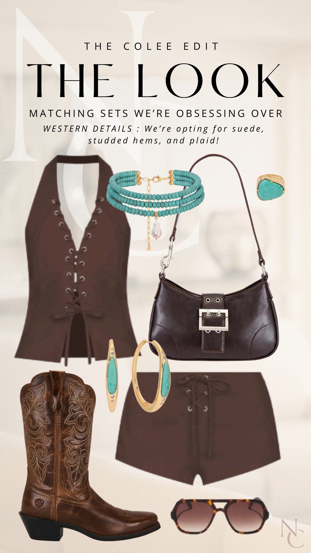 Western, but make it CHIC. A chocolate lace-up set, turquoise jewelry + cowboy boots with a sleek little bag to keep it polished. This is exactly how I’d do the western trend without looking like I’m wearing a costume. 🤎

#LTKdayinmylife #LTKgrwm #LTKootd