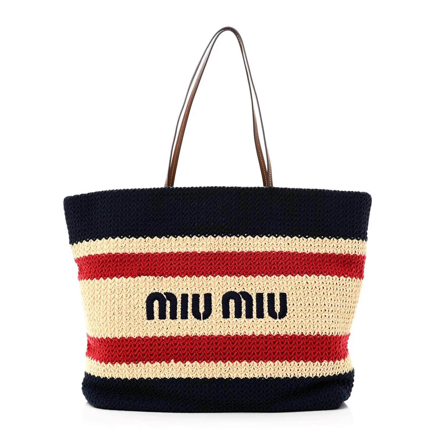 Miu Miu Raffia Crochet Stripe Tote Natural Blue 1724986 | FASHIONPHILE (US)