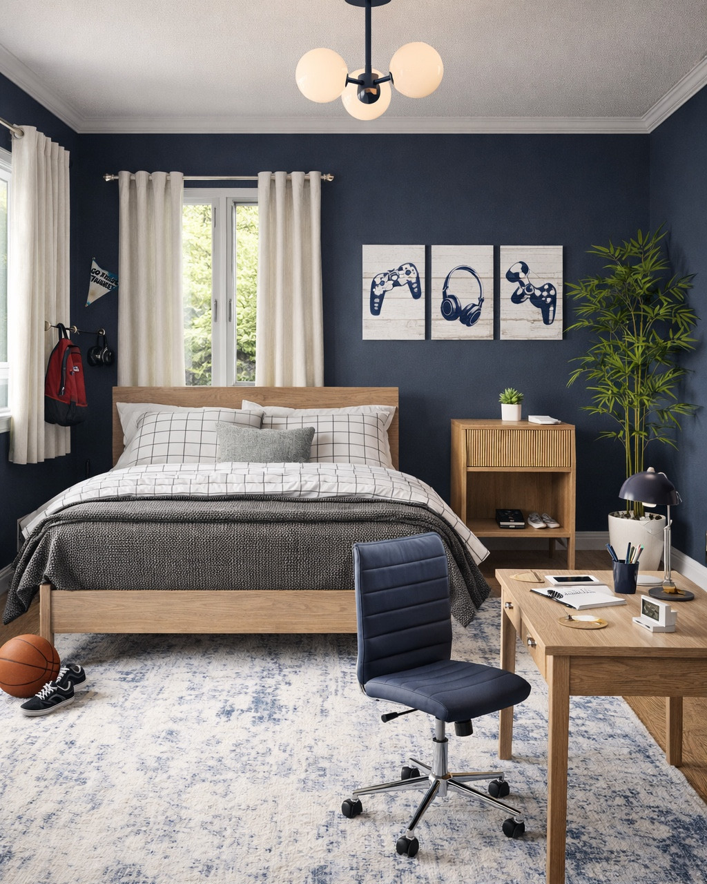 Fun and affordable teen boy room design/mood board. Abstract rug, affordable desk, blue faux leather desk chair, nightstand, affordable bed, game art, neutral curtains. #boysroom

#LTKHome #LTKSeasonal #LTKKids