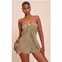 Olive Chiffon Trim Detail Bandeau Romper | PrettyLittleThing US
