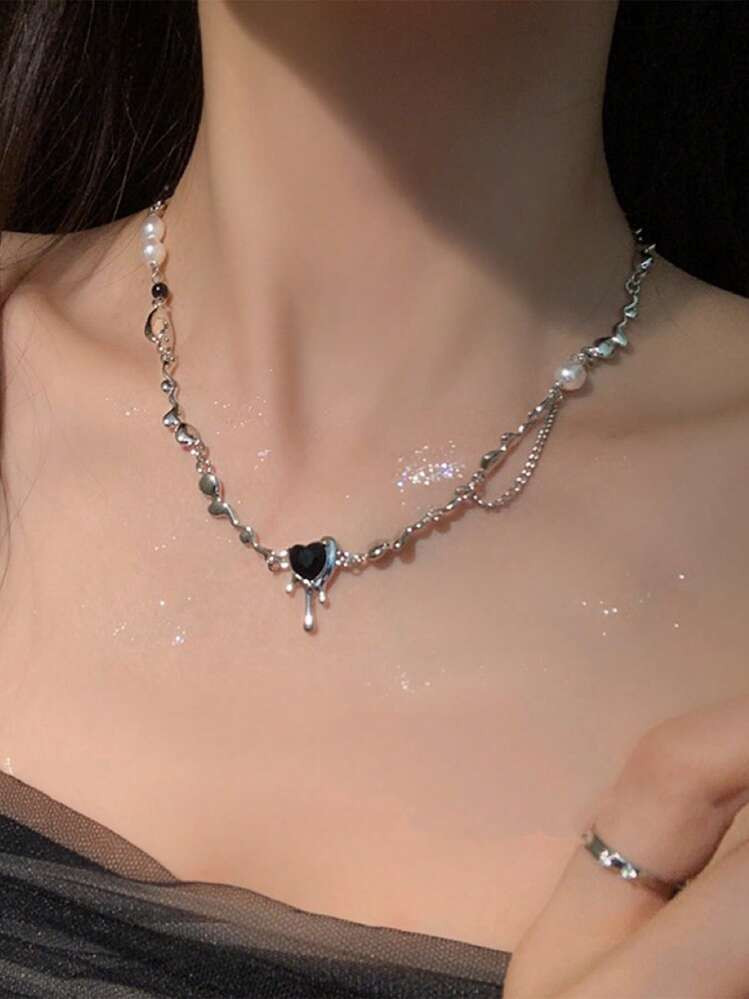 1pc Glamorous Black Heart & Faux Pearl Decor Pendant Necklace For Women For Wedding Party Jewelry Valentine's Day Gift Valentines,Mom,Mother,Mother's Day,Gift | SHEIN