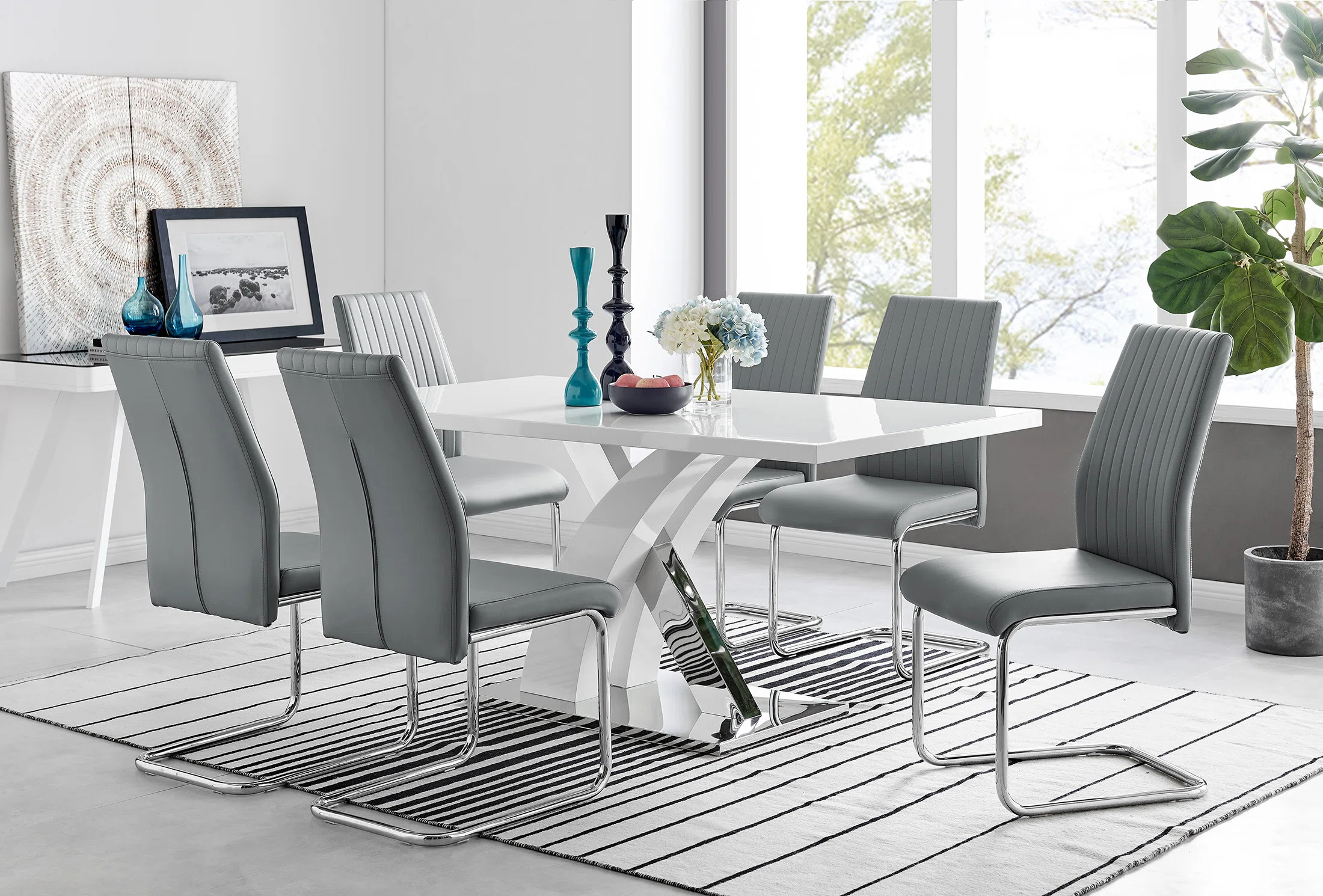 Edzard Chrome & White High Gloss Dining Table Set with 6 Luxury Faux Leather Dining Chairs | Wayfair North America