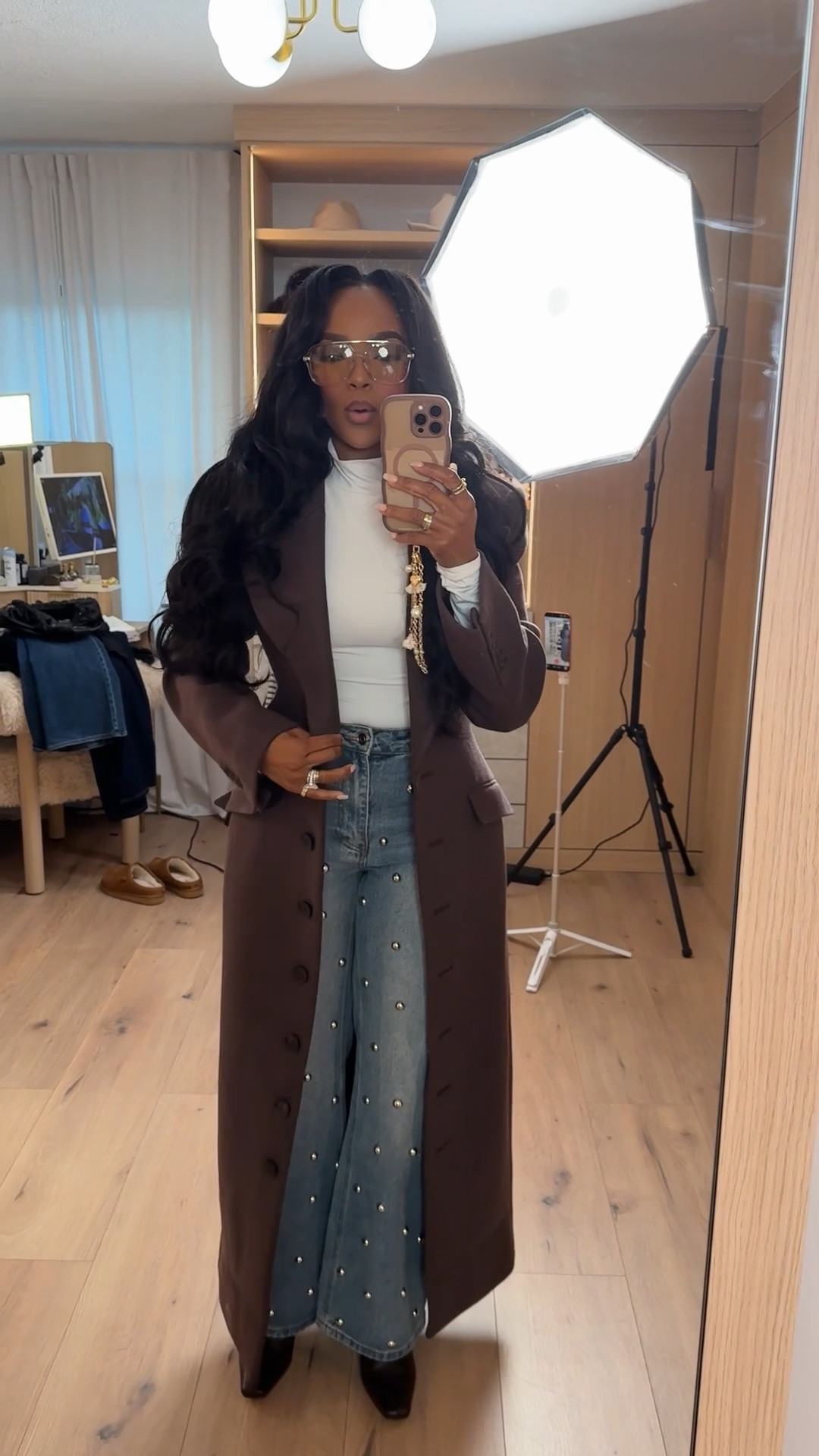 Effortlessly polished with a modern edge.
This @Express look pairs a sleek white turtleneck with statement studded jeans and a tailored long coat for an elevated everyday outfit that still feels cool and wearable. The mix of clean basics and subtle sparkle makes this one a standout you can dress up or down.

Perfect for casual workdays, brunch, shopping days, dinner plans, and city outings.

📏 Sizing:
Top: Small  
Jeans: 27 Long  
Coat: Small  
Boots: True to size  

Measurements: 5'4" · 138 lbs · 34D · 27” waist · 40” hips

Save this post for studded denim styling, neutral fall outfits, elevated casual looks, modern everyday outfits, and chic layering inspiration.

Follow me on Instagram and YouTube @kirasfashionfinds