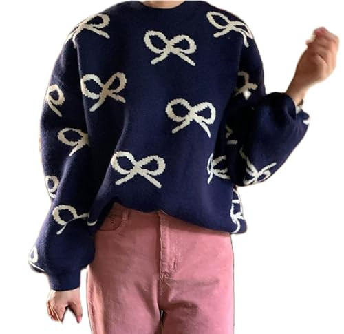 Women Y2K Bow Sweater Top Crew Neck Oversized Pullover Jumper Cute Print Long Sleeve Knit Sweater Streetwear Dark Blue | Amazon (US)