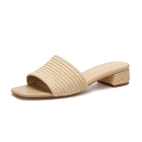 Amazon.com | VICKI\u00b7VICKI Women\u2019s Raffia Slide Sandals, Low Heel Square Toe Open Toe Sli... | Amazon (US)