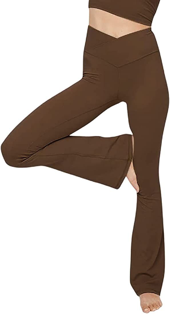 Amazon.com: viehunt Womens Crossover Flare Leggings High Waisted Casual Cute Stretchy Full Length... | Amazon (US)