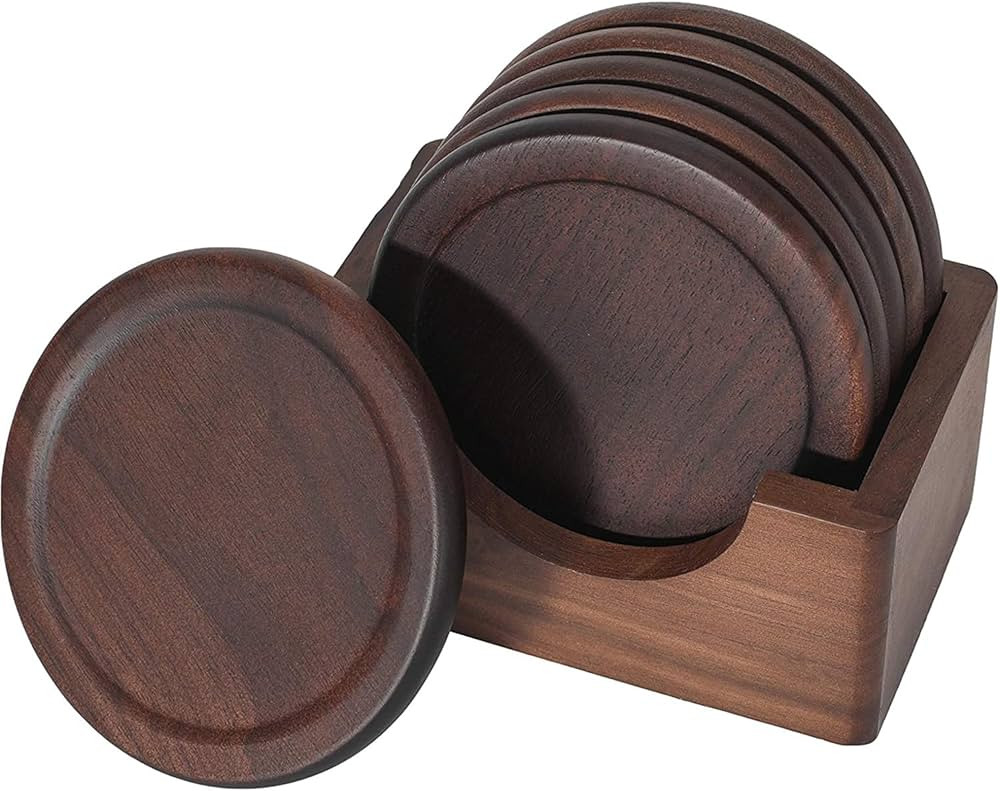 Classic Walnut Coaster Set of 7 Pieces. Including The Holder Pure Natural Wood and Texture.Wonder... | Amazon (US)